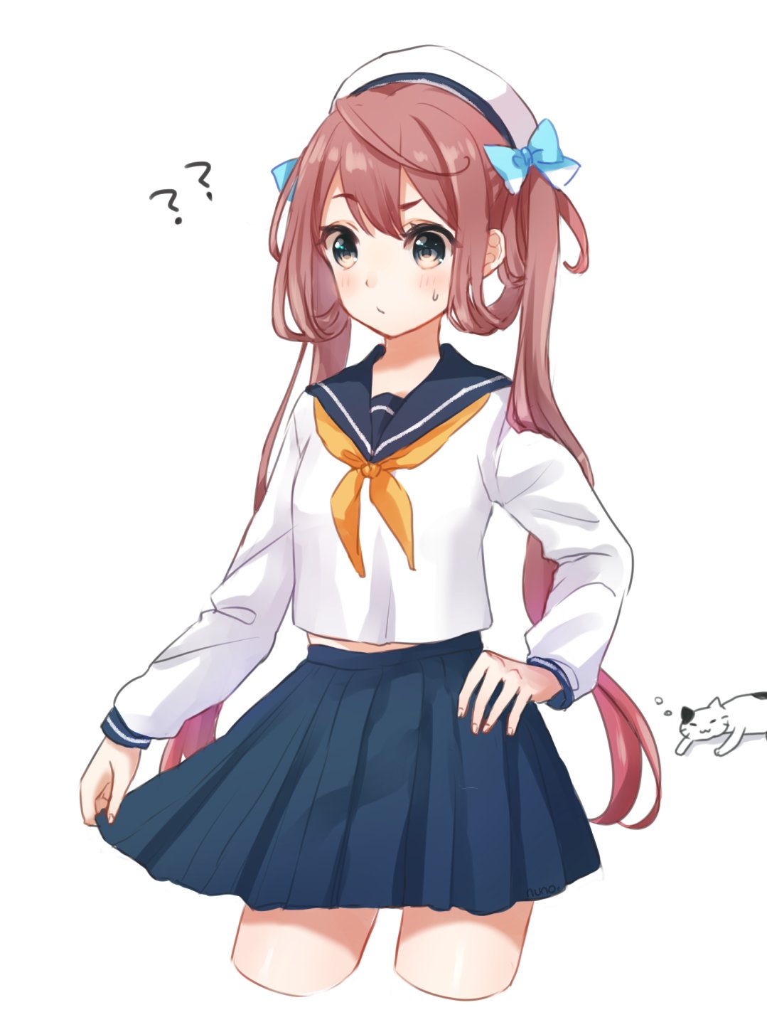 1girl ?? alternate_costume asagumo_(kantai_collection) beret blush bow brown_hair cat cropped_legs hair_bow hair_rings hand_on_hip hat highres kantai_collection long_hair long_sleeves neckerchief nuno_(pppompon) pleated_skirt sailor_collar school_uniform serafuku simple_background skirt skirt_hold twintails white_background