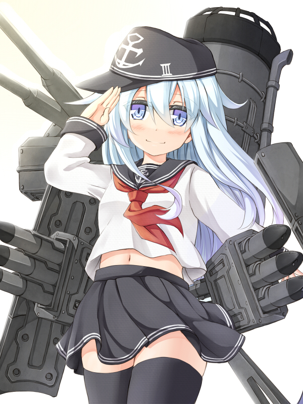 1girl black_hat black_legwear black_skirt blue_eyes blush cowboy_shot eyebrows_visible_through_hair hat hibiki_(kantai_collection) kantai_collection long_hair looking_at_viewer midriff miniskirt musouzuki navel neckerchief pleated_skirt red_neckerchief salute school_uniform serafuku shirt silver_hair simple_background skirt smile solo stomach thigh-highs torpedo visor_cap white_background white_shirt zettai_ryouiki