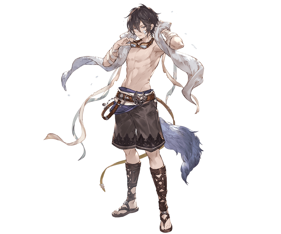 1boy arm_behind_head ayer bare_chest full_body goggles goggles_around_neck granblue_fantasy handwraps jitome male_focus male_swimwear minaba_hideo parted_lips sandals solo swim_trunks swimwear towel towel_around_neck transparent_background
