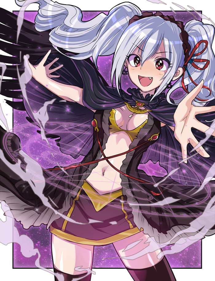 1girl :d black_hairband black_legwear black_skirt bow bra breasts cape cleavage cowboy_shot eyebrows_visible_through_hair fang floating_hair hair_bow hair_ribbon hairband idolmaster idolmaster_cinderella_girls kanzaki_ranko lolita_hairband long_hair magic_circle medium_breasts midriff miniskirt navel open_mouth outstretched_arms red_eyes red_ribbon ribbon silver_hair skirt smile solo standing stomach thigh-highs tsunnosuke twintails underwear