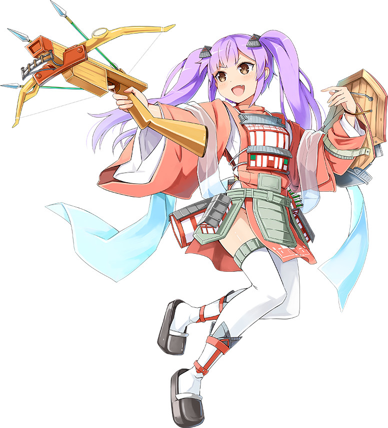 1girl :d arrow bowgun emerane fang full_body holding holding_weapon long_hair looking_at_viewer open_mouth oshiro_project oshiro_project_re purple_hair quiver smile taga_(oshiro_project) twintails very_long_hair weapon white_background yellow_eyes