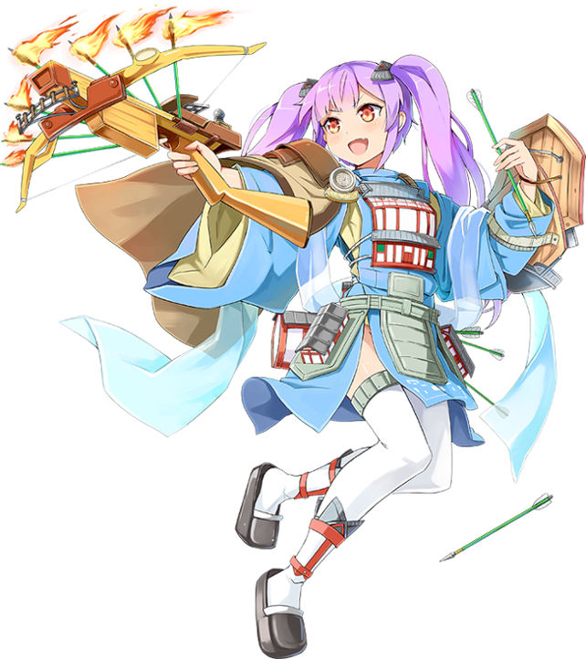 &gt;:d 1girl :d arrow bowgun emerane fang full_body holding holding_arrow holding_weapon long_hair open_mouth oshiro_project oshiro_project_re purple_hair red_eyes smile taga_(oshiro_project) thigh-highs transparent_background twintails very_long_hair weapon