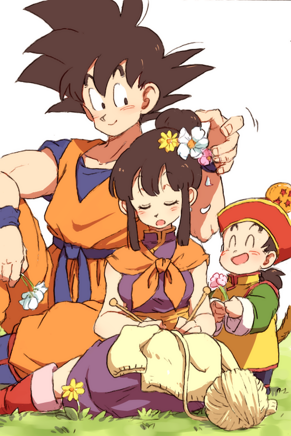 1girl 2boys black_eyes black_hair chi-chi_(dragon_ball) child chinese_clothes dougi dragon_ball dragon_ball_(object) dragonball_z eyebrows_visible_through_hair family father_and_son flower grass hair_flower hair_ornament hand_in_another's_hair hat knitting knitting_needle looking_at_another mother_and_son multiple_boys needle open_mouth short_hair simple_background sleeping smile son_gohan son_gokuu spiky_hair tail tied_hair tkgsize white_background wool wristband