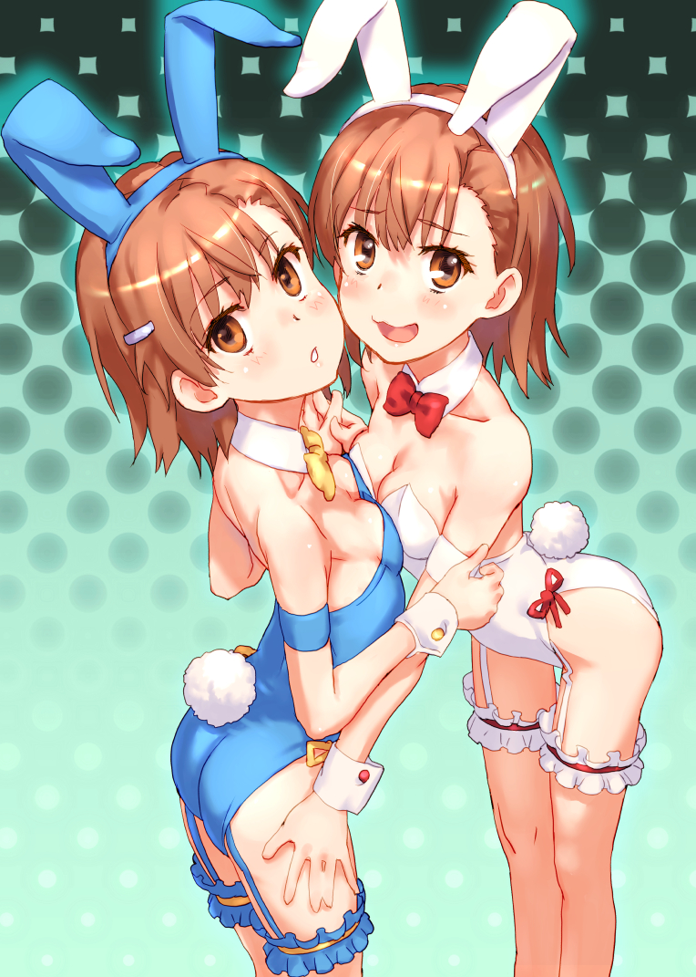 2girls animal_costume animal_ears arms_at_sides ass back bangs bare_back blue_leotard blurry blush bow bowtie breast_press breasts brown_eyes brown_hair bunny_costume bunny_girl bunny_tail bunnysuit collarbone costume covered_navel cowboy_shot detached_collar duo embarrassed eyebrows eyebrows_visible_through_hair from_behind frown gradient gradient_background green_background lens_flare leotard looking_at_viewer misaka_imouto misaka_mikoto multiple_girls open_mouth rabbit_ears raika9 red_bow red_bowtie ribbon short_hair skin_tight spread_legs standing strapless strapless_leotard symmetrical_docking tail to_aru_kagaku_no_railgun to_aru_majutsu_no_index wavy_mouth white_leotard wrist_cuffs