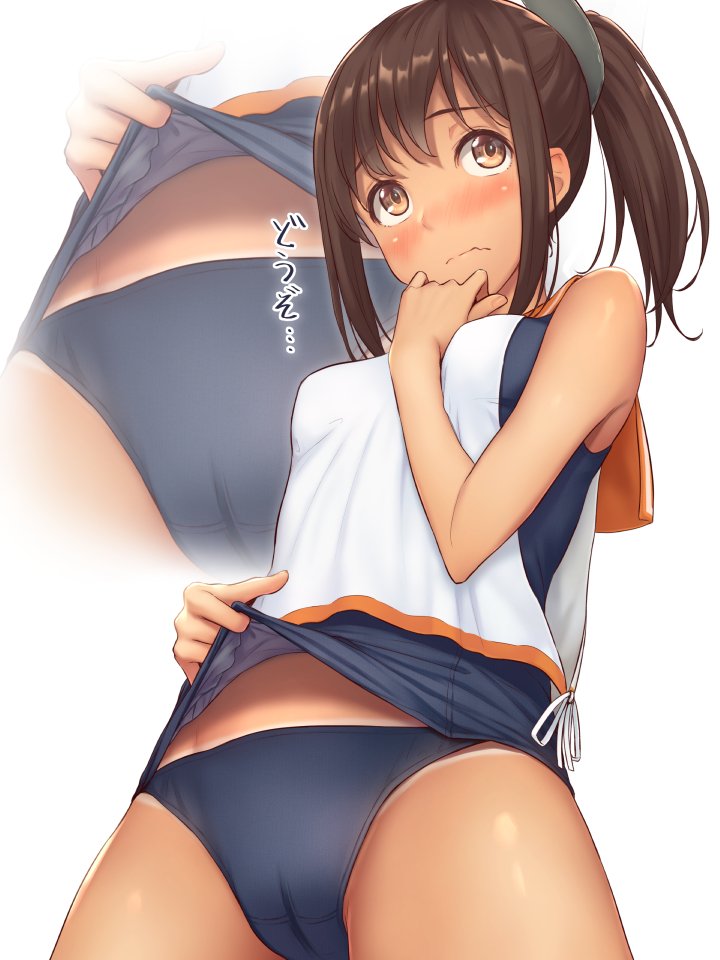 1girl bloomers blue_panties blue_swimsuit blush breasts brown_eyes brown_hair closed_mouth embarrassed from_below hand_on_own_chin i-401_(kantai_collection) kantai_collection kurowan panties ponytail school_swimsuit simple_background small_breasts solo standing swimsuit swimsuit_lift tan tanline translation_request underwear upper_body white_background zoom_layer