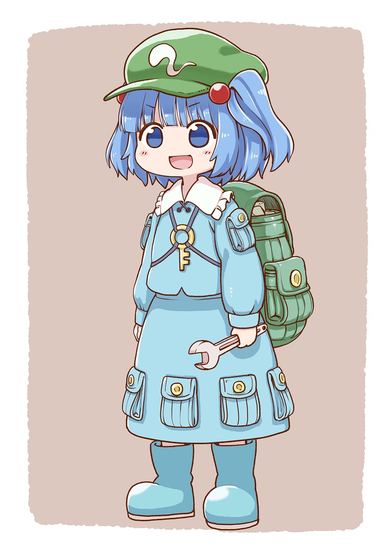 1girl :d backpack bag blue_dress blue_eyes blue_hair blush_stickers boots chibi child commentary_request dress eyebrows_visible_through_hair full_body green_hat hat holding kawashiro_nitori key looking_away open_mouth poronegi pouch rubber_boots smile solo standing touhou twintails wrench