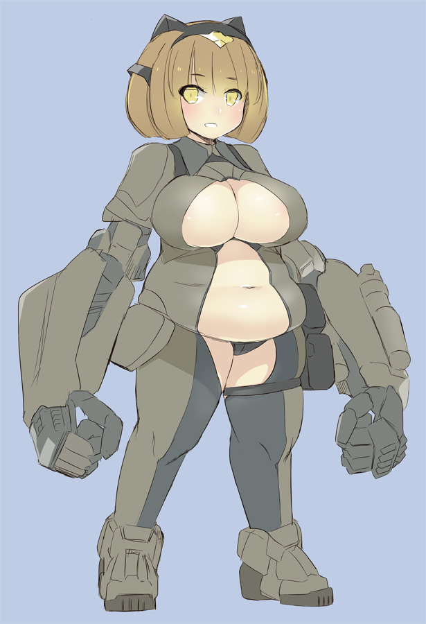 1girl akihara_nakuru belly bracer_phoenix breasts brown_hair cleavage cleavage_cutout full_body large_breasts looking_at_viewer mecha_musume mechanical_arms navel pacific_rim pacific_rim:_uprising parted_lips plump short_hair solo standing yellow_eyes