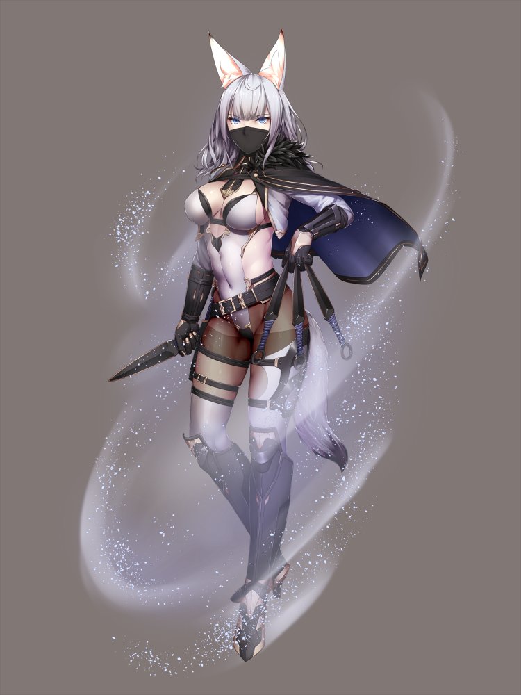 1girl animal_ears armor armored_boots aura bangs black_gloves blue_eyes blunt_bangs boots breasts cape cleavage covered_mouth covered_navel fox_ears fox_tail full_body gloves highleg highleg_leotard holding holding_weapon kageshio_(276006) kunai leotard long_hair looking_at_viewer mask medium_breasts ninja original pantyhose sekka_(kageshio) sideboob silver_hair solo standing tail thighband_pantyhose weapon