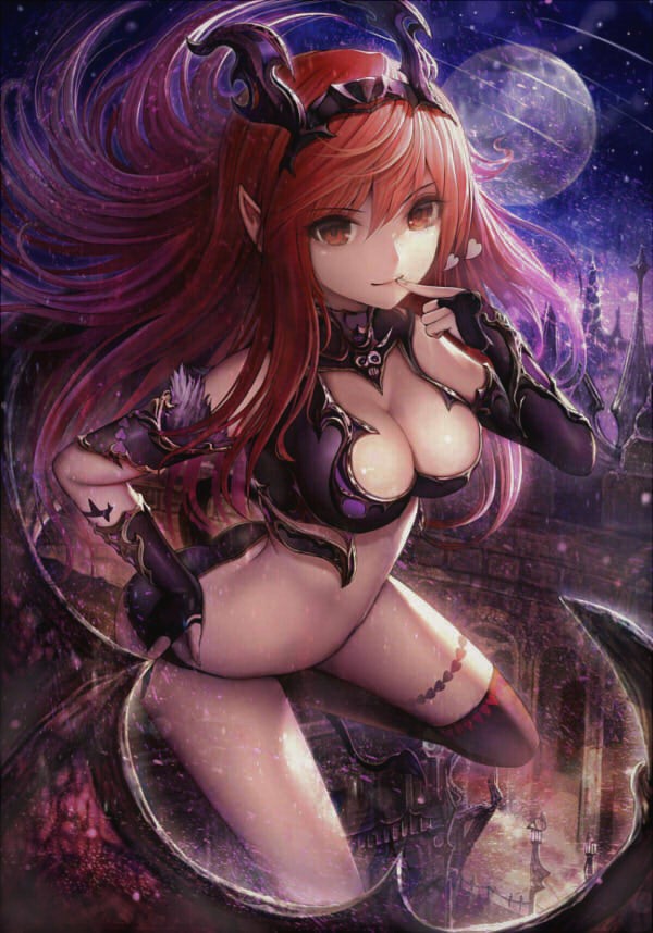 1girl black_legwear blush breasts cleavage closed_mouth demon_girl eyebrows_visible_through_hair heart hisahisahisahisa jpeg_artifacts large_breasts long_hair looking_at_viewer lord_of_vermilion red_eyes redhead revealing_clothes smile solo succubus thigh-highs