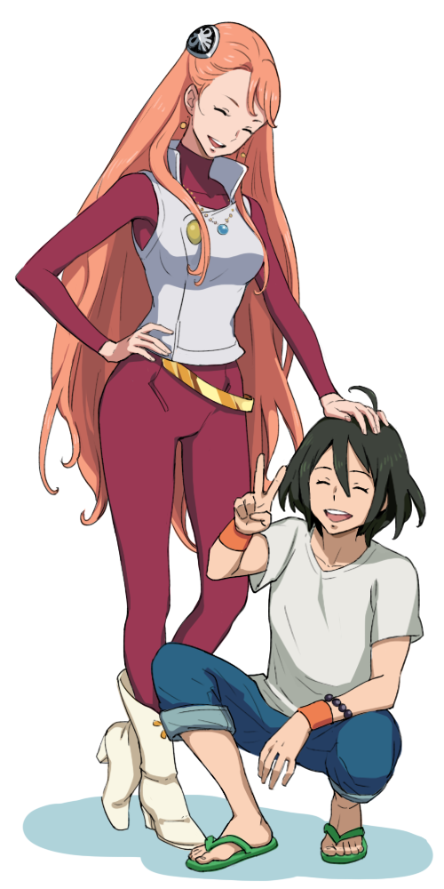 aida_rayhunton bellri_zenam breasts gundam gundam_g_no_reconguista hair_ornament kei-co long_hair orange_hair pink_hair sandals shorts smile