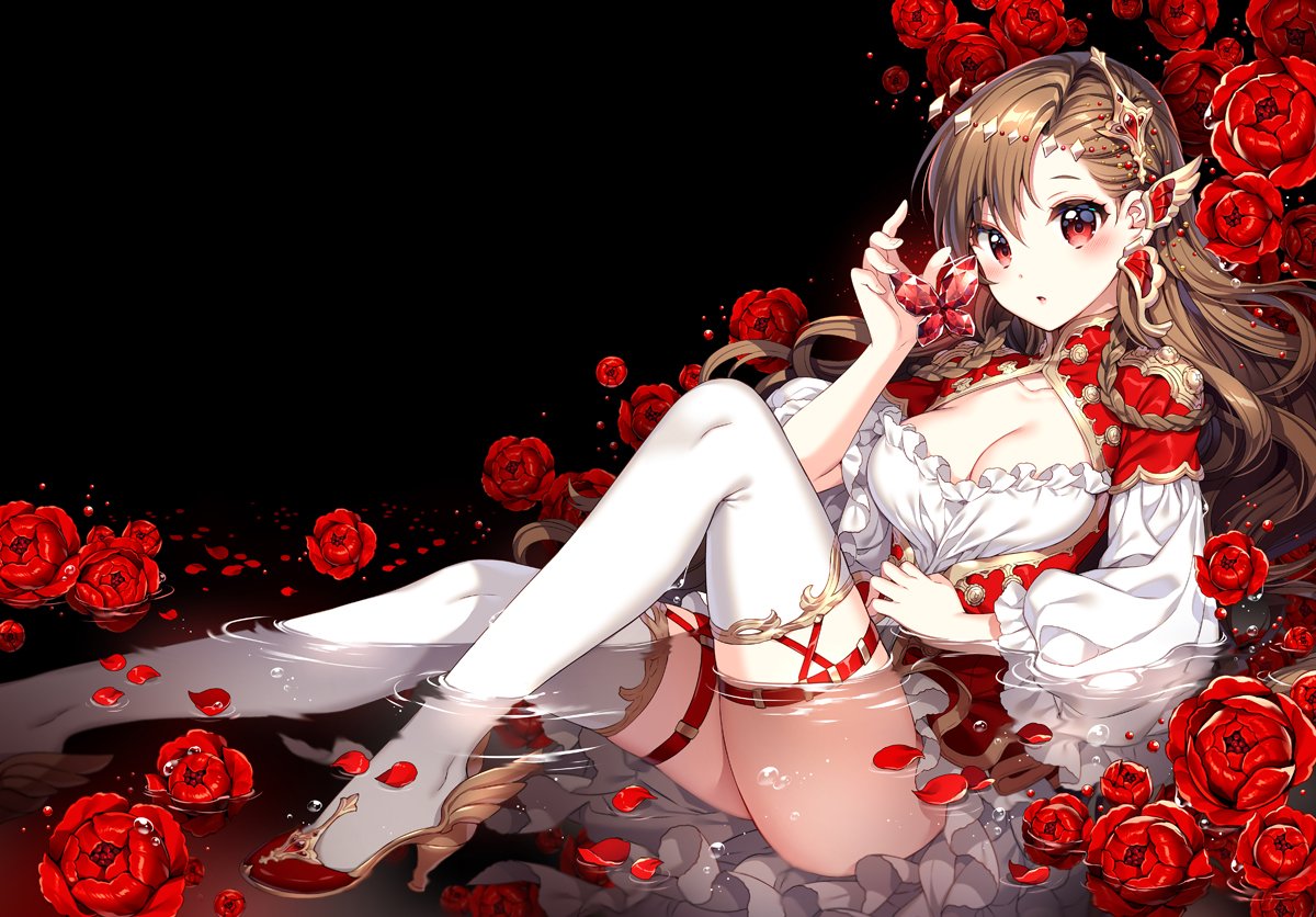 1girl bangs blush braid breasts brown_hair butterfly cleavage cleavage_cutout commentary_request corset dress earrings flower frilled_sleeves frills gem hair_ornament high_heels holding jewelry knee_up long_hair long_sleeves looking_at_viewer medium_breasts nardack open_mouth original partially_submerged petals puffy_long_sleeves puffy_sleeves red_eyes red_rose red_shoes rose rose_petals ruby_(stone) shoes side_braid sitting solo thigh-highs thigh_strap twin_braids water wavy_hair white_legwear