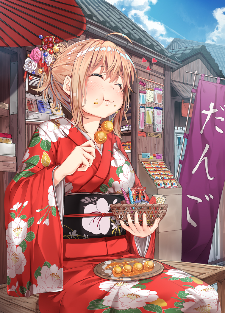 1girl :3 :t ahoge bangs basket blush brown_hair closed_eyes commentary_request dango eating eyebrows_visible_through_hair floral_print flower food food_on_face hair_flower hair_ornament holding japanese_clothes kimono mitarashi_dango mujakuma obi original outdoors plate ponytail sash short_hair sitting skewer smile solo wagashi wide_sleeves