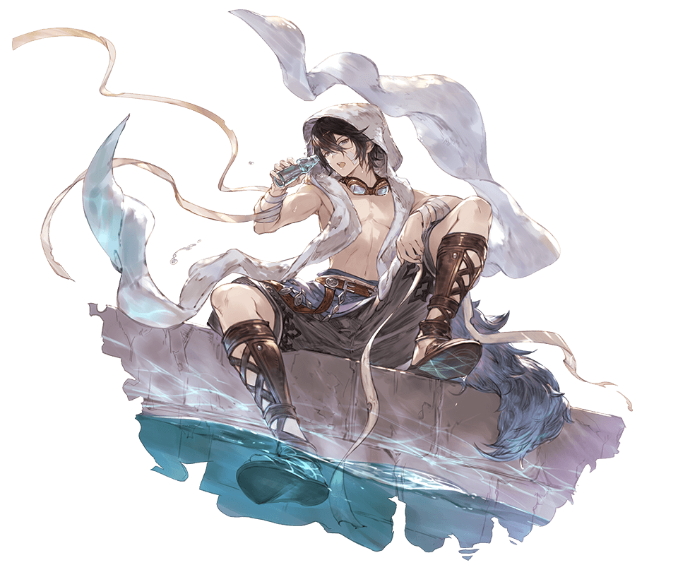 1boy ayer bare_chest black_hair full_body granblue_fantasy handwraps looking_at_viewer male_focus male_swimwear minaba_hideo official_art ramune short_hair sitting solo swim_trunks swimwear towel towel_on_head transparent_background