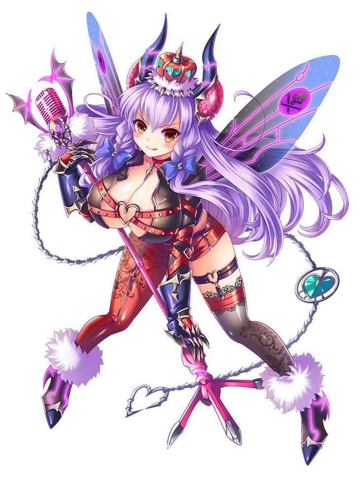 1girl :p asymmetrical_legwear bat_wings beelzebub_(kami_project) belt belt_buckle bow braid breasts buckle choker cleavage crown demon_girl demon_horns front_braid full_body fur_trim garter_straps gloves hair_bow heart horns huge_breasts insect_wings jacket kami_project leaning_forward long_hair long_sleeves looking_at_viewer microphone microphone_stand open_clothes open_jacket ornate_clothing purple_hair skull_and_crossbones smile solo standing thigh-highs tongue tongue_out very_long_hair wings yellow_eyes
