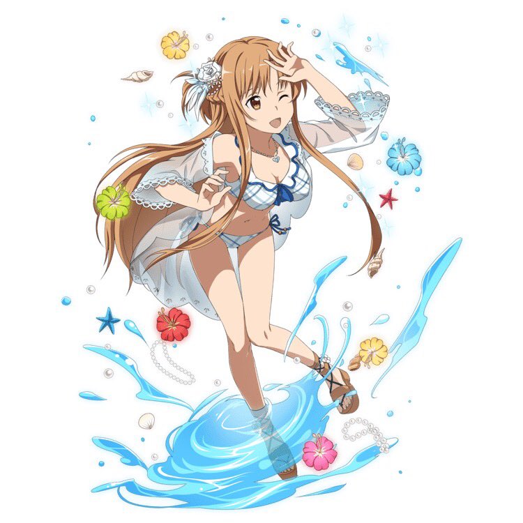 1girl ;d arm_up asuna_(sao) bikini blue_flower blue_ribbon breasts brown_eyes brown_hair cleavage feathers floating_hair flower front-tie_bikini front-tie_top full_body green_flower hair_feathers hair_flower hair_ornament heart heart_necklace hibiscus leaning_forward leg_up long_hair medium_breasts navel official_art one_eye_closed open_mouth pink_flower red_flower ribbon rose see-through side-tie_bikini simple_background smile solo swimsuit sword_art_online sword_art_online:_code_register very_long_hair water white_background white_bikini white_feathers white_flower white_rose yellow_flower
