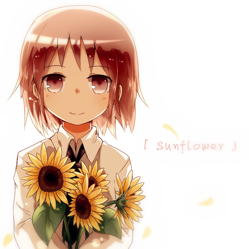 1girl alice_(openhexagon) black_necktie blush brown_eyes brown_hair closed_mouth eyebrows_visible_through_hair flower holding holding_flower kill_me_baby looking_at_viewer necktie oribe_yasuna short_hair smile solo sunflower upper_body
