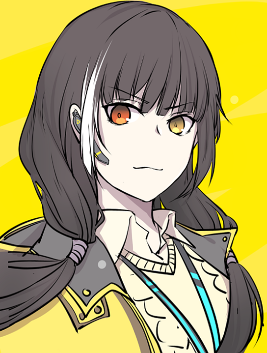 &gt;:) 1girl aran_sweater bangs black_hair brown_eyes closed_mouth eyebrows_visible_through_hair girls_frontline heterochromia jacket lanyard long_hair looking_at_viewer low_twintails multicolored_hair open_clothes open_jacket portrait ro635_(girls_frontline) sidelocks simple_background smile smirk solo streaked_hair sweater twintails upper_body white_hair xiu_jiayihuizi yellow_background yellow_eyes