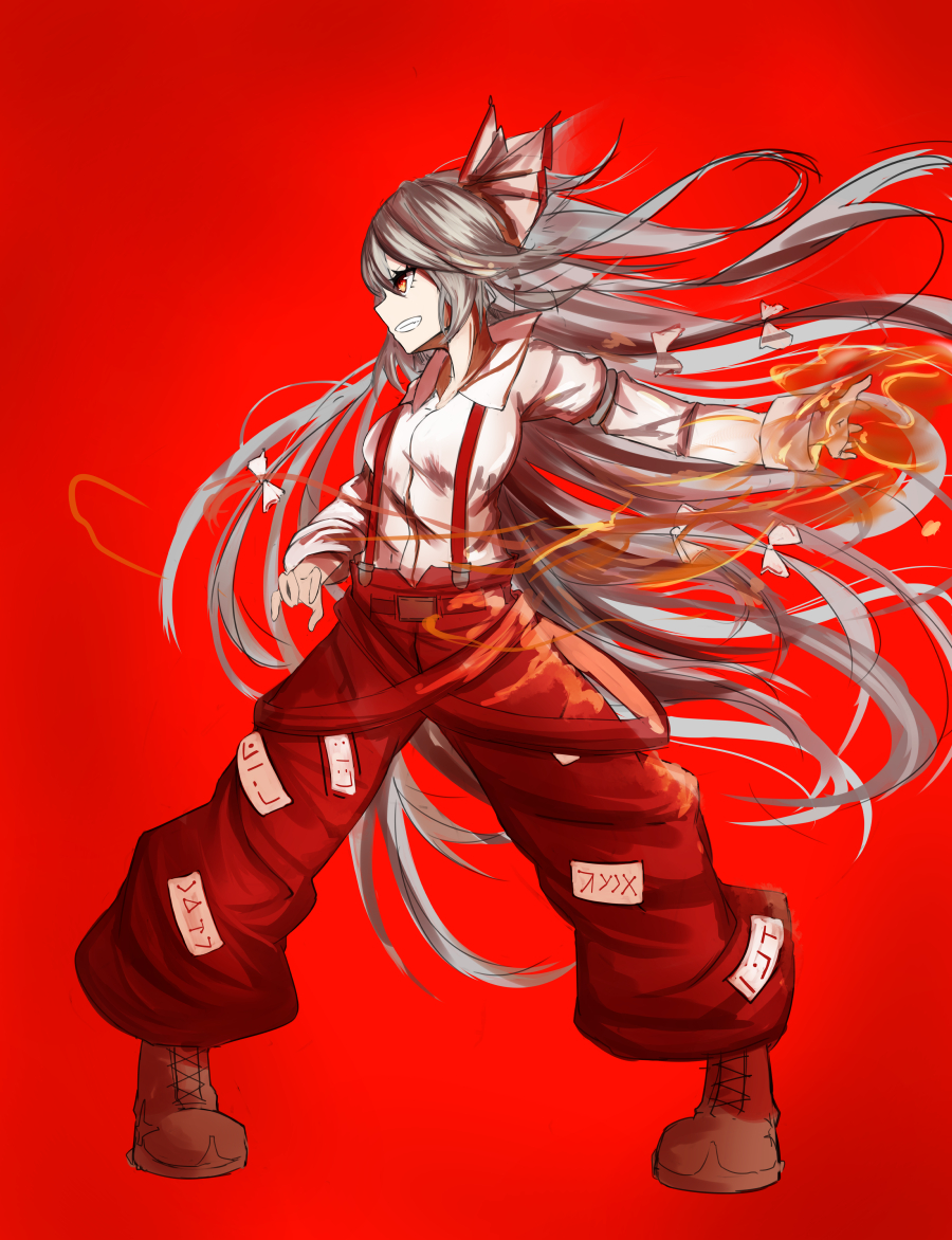 1girl baggy_pants boots bow breasts brown_boots collared_shirt fire from_side fujiwara_no_mokou full_body grin hair_bow juliet_sleeves long_hair long_sleeves medium_breasts ofuda_on_clothes pants profile psyren2 puffy_sleeves red_eyes shirt silver_hair smile solo standing suspenders touhou very_long_hair white_shirt