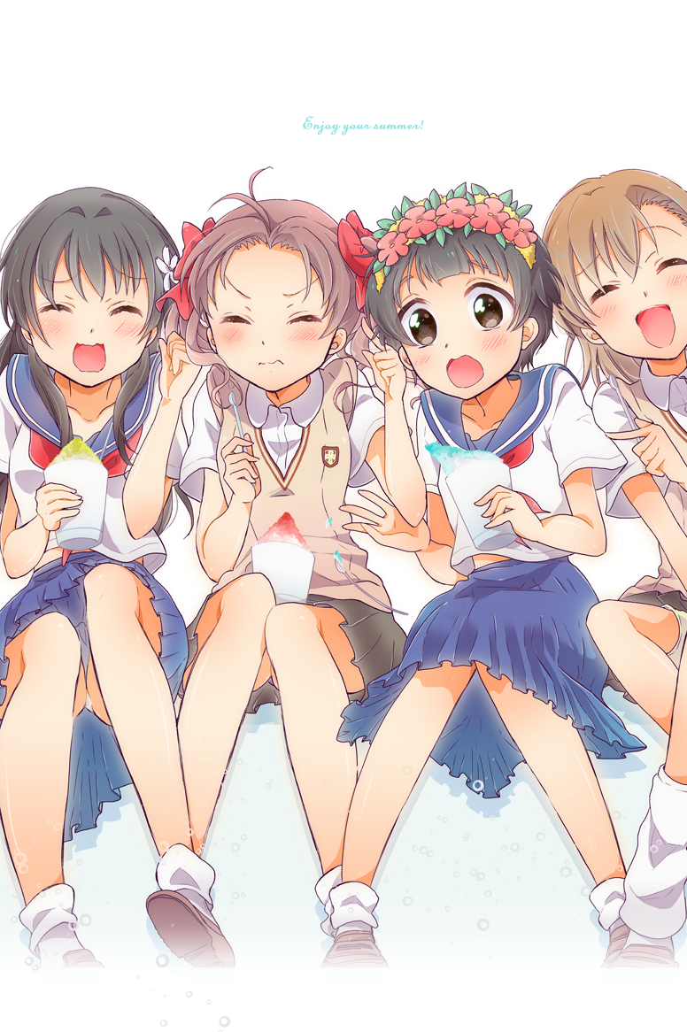 4girls :d ^_^ black_hair blush bow brain_freeze brown_eyes brown_hair closed_eyes collarbone glass hair_bow head_wreath hiko holding index_finger_raised kneehighs legs_together long_hair long_legs loose_socks misaka_mikoto multiple_girls number open_mouth pleated_skirt pointing sakugawa_school_uniform saten_ruiko school_uniform serafuku shaved_ice shirai_kuroko shirt short_hair short_sleeves sitting skirt smile socks to_aru_kagaku_no_railgun to_aru_majutsu_no_index tokiwadai_school_uniform twintails uiharu_kazari vest wavy_mouth white_background white_legwear