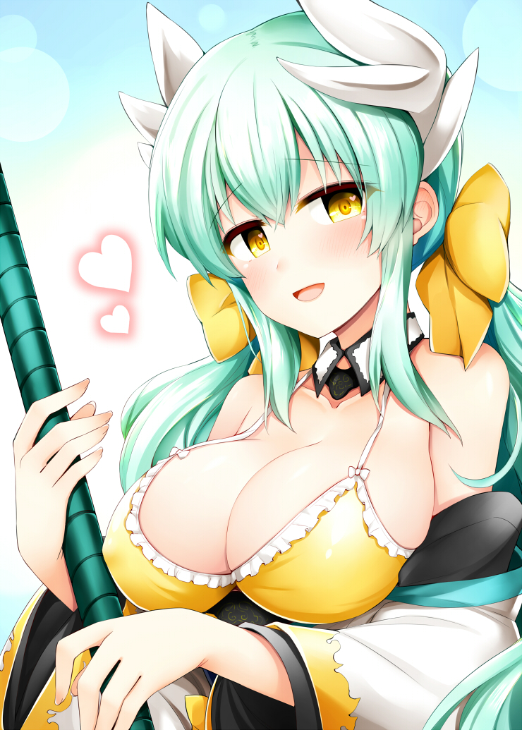 1girl bangs bikini blush bow breasts cleavage collarbone detached_sleeves eyebrows_visible_through_hair fate/grand_order fate_(series) green_hair hair_between_eyes hair_bow heart holding holding_weapon horns japanese_clothes kimono kiyohime_(fate/grand_order) kiyohime_(swimsuit_lancer)_(fate) large_breasts long_hair looking_at_viewer obi open_mouth polearm revision rui_shi_(rayze_ray) sash sidelocks smile solo swimsuit upper_body very_long_hair weapon white_kimono yellow_bikini yellow_bow yellow_eyes