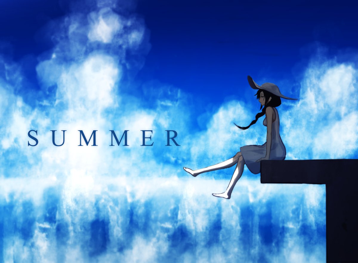 1girl bare_legs barefoot blue_sky braid breasts commentary_request day dress english from_side hair_over_shoulder hat long_hair looking_afar original profile shadow sitting sky sleeveless small_breasts solo sugi_214 summer sun_hat sundress white_dress