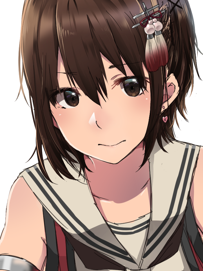 1girl brown_eyes brown_hair closed_mouth earrings hair_between_eyes jewelry kantai_collection rinto_(rint_rnt) sailor_collar school_uniform sendai_(kantai_collection) serafuku short_hair simple_background sleeveless solo white_background white_sailor_collar