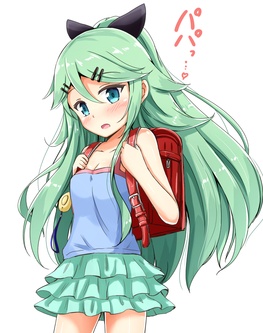 1girl aikawa_ryou alternate_costume backpack bag bare_arms bare_shoulders black_ribbon blue_eyes blush commentary crime_prevention_buzzer green_hair hair_ribbon highres kantai_collection long_hair open_mouth randoseru ribbon simple_background skirt solo white_background yamakaze_(kantai_collection)