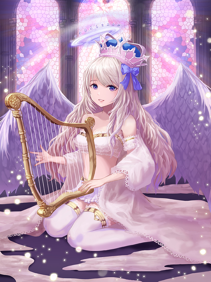 1girl angel angel_wings arm_garter bare_shoulders blue_eyes blue_ribbon bra breasts cleavage crown dew_(7302235) hair_ribbon halo harp indoors instrument lace lace_bra light_particles light_rays lips long_hair looking_at_viewer midriff off_shoulder original over-kneehighs parted_lips ribbon silver_hair sitting skirt small_breasts solo stained_glass sunbeam sunlight thigh-highs underwear wariza white_cloak white_legwear white_skirt window wings