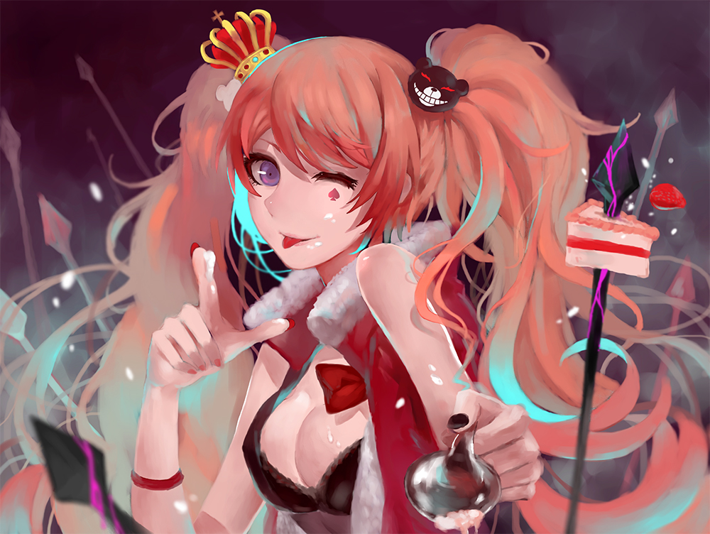 1girl ;q black_bra blu_eyes bow bra bracelet breasts bunny_hair_ornament cake cleavage cream_on_body crown dangan_ronpa dangan_ronpa_1 enoshima_junko facial_tattoo food hair_ornament index_finger_raised jacket jewelry long_hair medium_breasts mini_crown nail_polish one_eye_closed open_clothes open_jacket orange_hair red_bow red_jacket red_nails sa_(h28085) smile solo tattoo tongue tongue_out twintails underwear upper_body very_long_hair