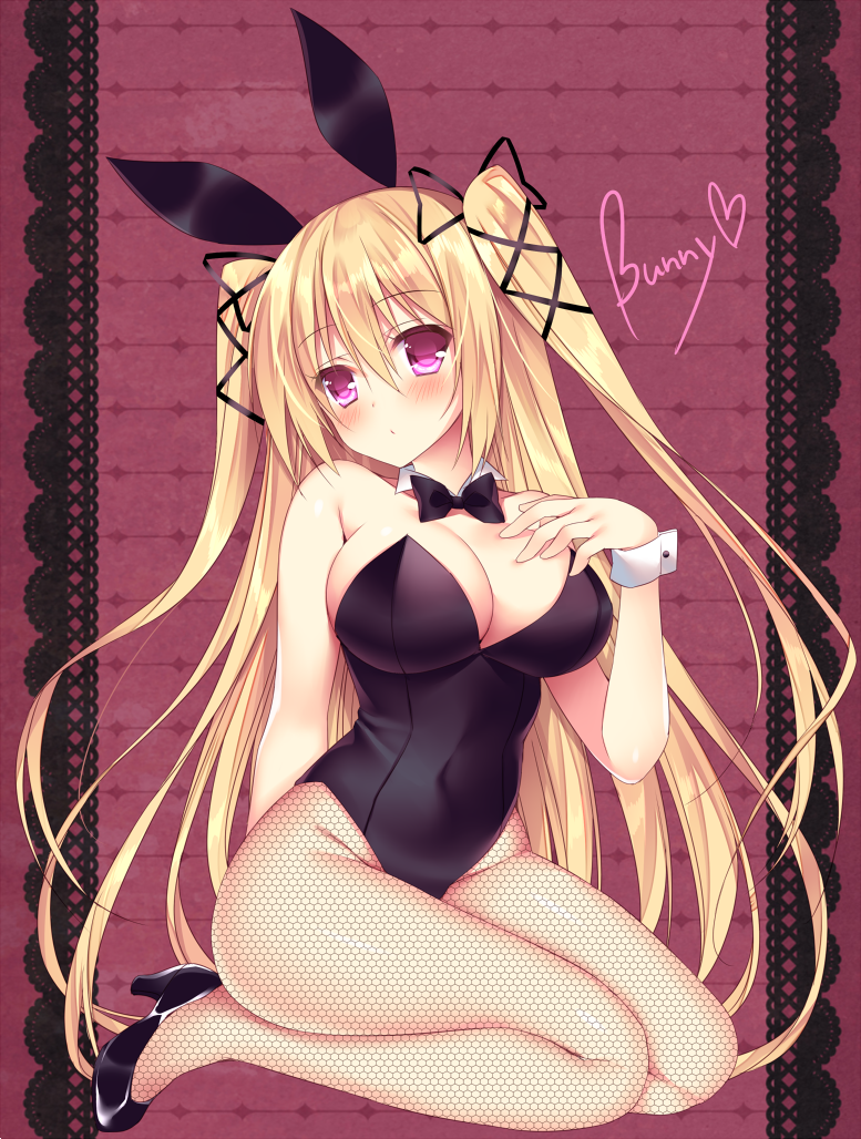 1girl :o animal_ears arm arm_behind_back ass bare_arms bare_shoulders black_bow black_bowtie black_high_heels black_leotard black_shoes blonde_hair blush bow bowtie breasts bunny_day bunny_girl bunnysuit cleavage commentary_request detached_collar eyebrows_visible_through_hair female fishnet_pantyhose fishnets full_body hair_between_eyes hair_ribbon hand_on_own_chest hand_up high_heels highres large_breasts legs leotard long_hair looking_at_viewer neck original pantyhose pink_eyes purple_background rabbit_ears ribbon seiza shoes sitting solo sorai_shin'ya strapless strapless_leotard two_side_up wariza wrist_cuffs