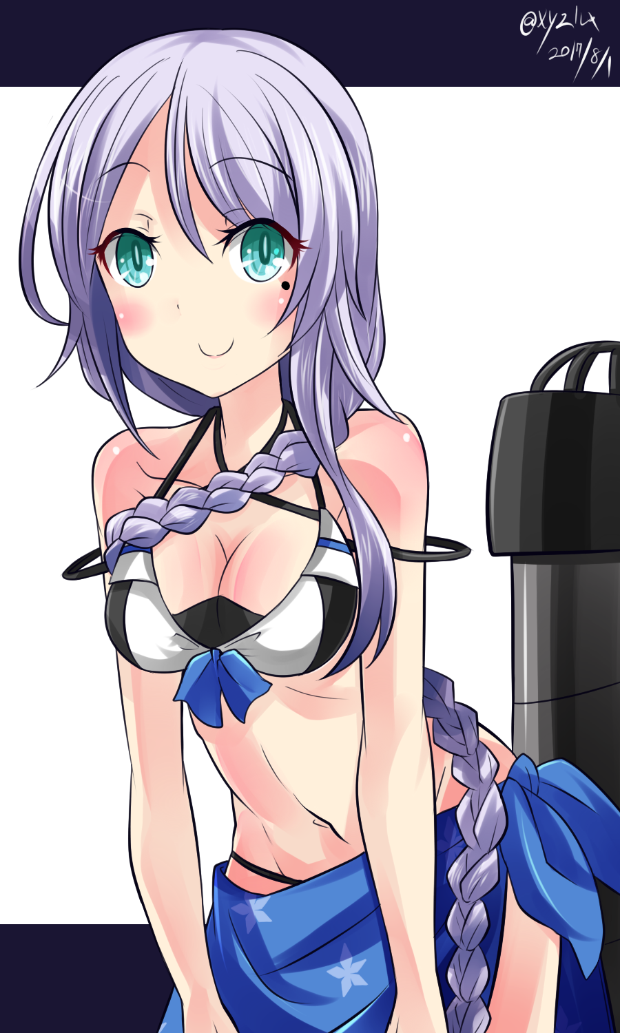 1girl adapted_costume aqua_eyes bikini braid breasts cleavage commentary_request hebitsukai-san highres kantai_collection long_hair looking_at_viewer machinery mole mole_under_eye navel silver_hair single_braid slit_pupils smile solo swimsuit umikaze_(kantai_collection)