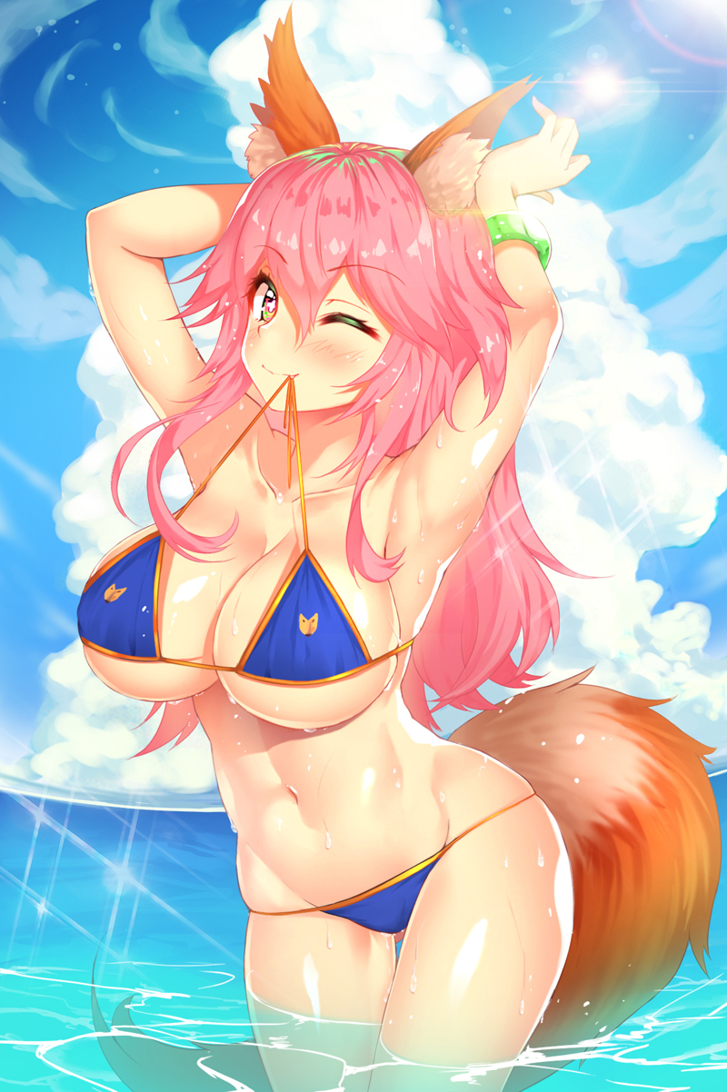 1girl animal_ears armpits arms_up bikini blue_bikini blush bracelet breasts cleavage clouds day fang fate/grand_order fate_(series) fox_ears fox_tail highres jewelry large_breasts lens_flare long_hair looking_at_viewer mouth_hold navel ocean one_eye_closed outdoors pink_hair revision sky smile solo sparkle sun sunlight swimsuit tail tamamo_(fate)_(all) tamamo_no_mae_(swimsuit_lancer)_(fate) thighs wading wet yellow_eyes yuruto
