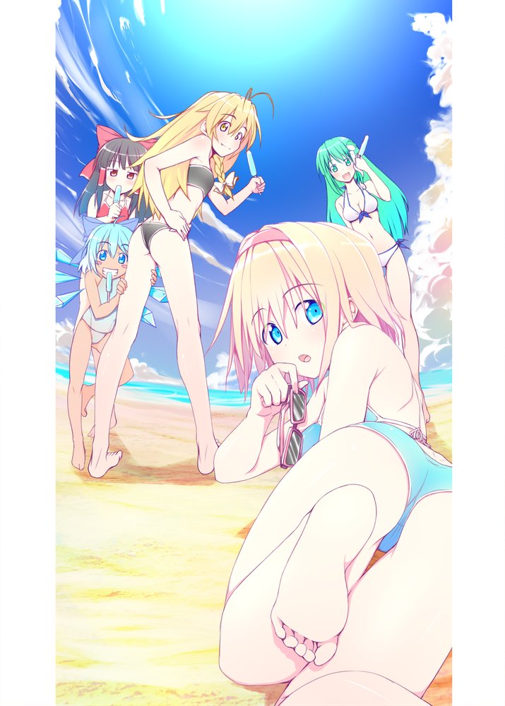 5girls :d alice_margatroid antenna_hair ass bangs bare_arms bare_legs barefoot beach bikini black_bikini black_hair blonde_hair blue_bow blue_eyes blue_hair blue_sky blush blush_stickers bow braid breasts brown_eyes cirno closed_mouth clouds commentary_request day eating eyebrows_visible_through_hair food frog_hair_ornament front-tie_bikini front-tie_top green_eyes green_hair hair_between_eyes hair_bow hair_ornament hair_tubes hairband hakurei_reimu hand_up hands_on_another's_thighs holding ice ice_wings kirisame_marisa kochiya_sanae long_hair looking_at_viewer looking_back lying medium_breasts multiple_girls navel nirap on_back one-piece_swimsuit open_mouth outdoors pink-framed_eyewear popsicle red_bow sand short_hair side_braid sidelocks single_braid sky smile snake_hair_ornament soles standing stomach sunglasses swimsuit tan tanned_cirno toes touhou water white_bow wings yellow_eyes