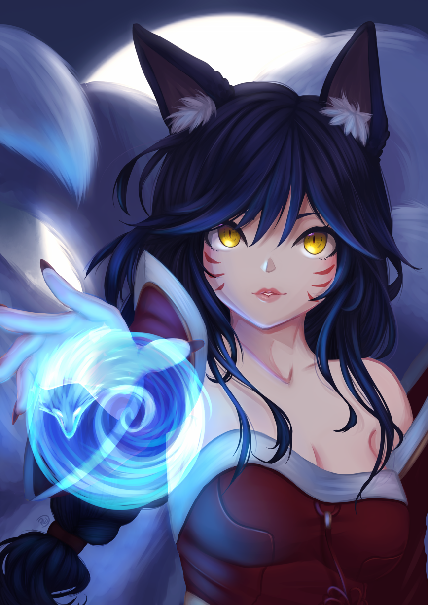 1girl ahri akashasi animal_ears bare_shoulders blush breasts cleavage collarbone fox_ears fox_tail highres large_breasts league_of_legends long_hair looking_at_viewer nail_polish parted_lips red_nails smile solo tail upper_body yellow_eyes