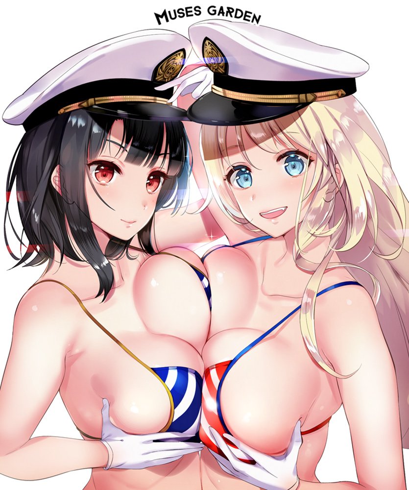 2girls atago_(kantai_collection) bikini black_hair blonde_hair blue_bikini blue_eyes breast_press breasts closed_mouth collarbone gloves group_name hat hayakawa_akari kantai_collection large_breasts lips long_hair looking_at_viewer military_hat multiple_girls open_mouth red_bikini red_eyes short_hair simple_background skindentation striped striped_bikini swimsuit symmetrical_docking takao_(kantai_collection) upper_body white_background white_gloves