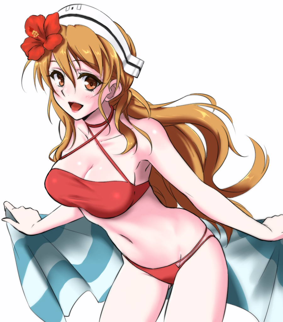 1girl bikini brown_eyes brown_hair cowboy_shot flower hair_flower hair_ornament italia_(kantai_collection) kantai_collection leaning_forward littorio_(kantai_collection) long_hair navel open_mouth red_bikini red_choker shingyo simple_background solo standing swimsuit towel wavy_hair white_background