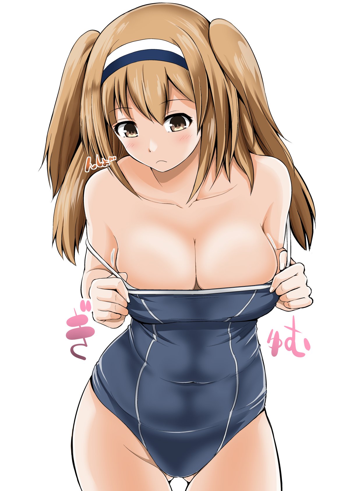 1girl breasts brown_eyes brown_hair cleavage collarbone covered_navel gluteal_fold hairband highres i-26_(kantai_collection) kantai_collection long_hair new_school_swimsuit off_shoulder older one-piece_swimsuit school_swimsuit simple_background solo swimsuit two-tone_hairband white_background yano_toshinori