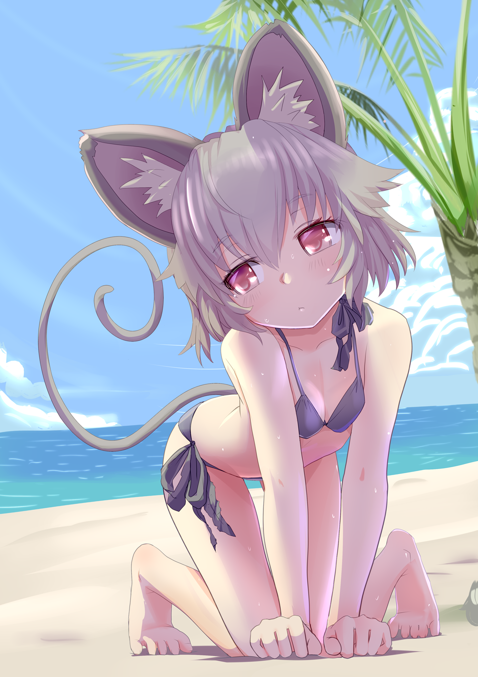 1girl animal_ears barefoot beach bikini black_bikini breasts cleavage day expressionless full_body grey_hair highres ishikkoro mouse_ears mouse_tail nazrin ocean outdoors red_eyes sand short_hair side-tie_bikini small_breasts solo summer sweat swimsuit tail thigh_gap touhou water