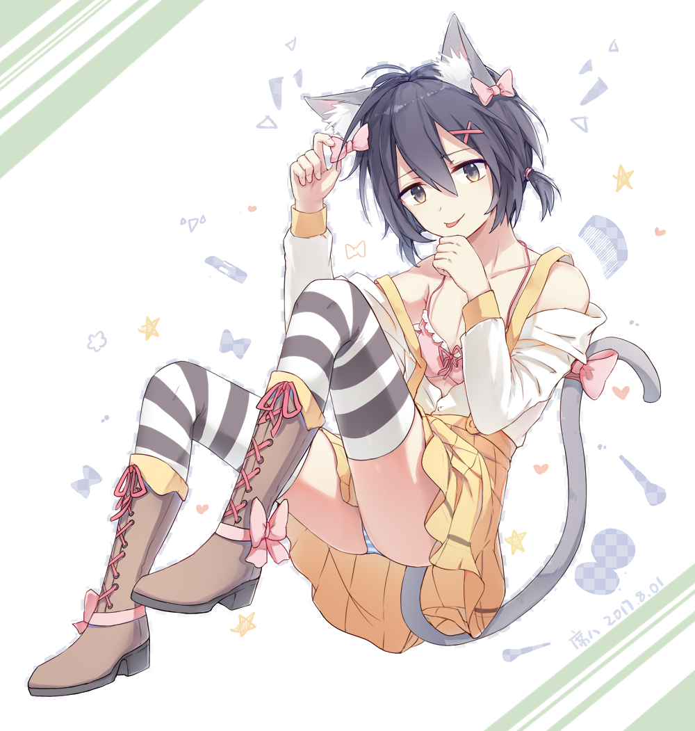 1boy animal_ears babouo black_hair black_legwear blue_panties blush boots bow brown_boots cat_ears cat_tail crossdressinging dated eyebrows_visible_through_hair hair_bow hair_ornament high_heel_boots high_heels knee_boots looking_at_viewer male_focus original panties pink_bow smile solo striped striped_legwear striped_panties tail thigh-highs tongue tongue_out trap underwear white_legwear white_panties x_hair_ornament