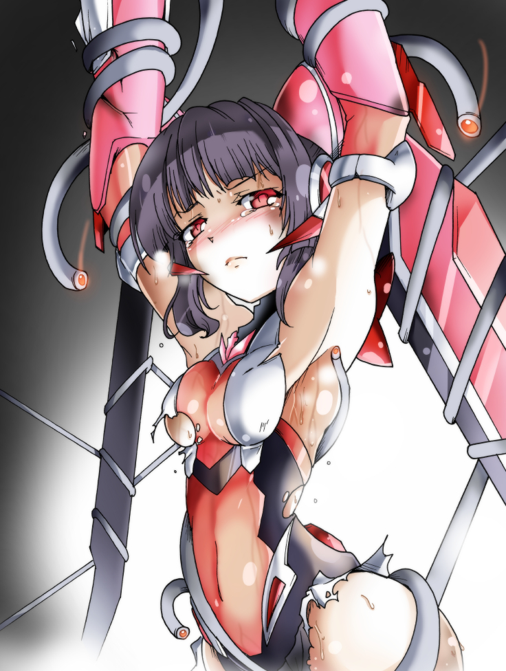 1girl arched_back armpits arms_up black_hair blush breasts closed_mouth commentary_request covered_navel eyebrows_visible_through_hair gauntlets headgear leotard light_trail lips long_hair pink_eyes pink_leotard restrained senki_zesshou_symphogear small_breasts solo suga_leon sweat tearing_up tentacle torn_clothes torn_leotard tsukuyomi_shirabe twintails