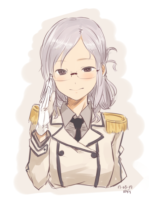 1girl black_eyes cosplay dated double-breasted epaulettes glasses gloves kantai_collection kashima_(kantai_collection) katori_(kantai_collection) katori_(kantai_collection)_(cosplay) kawashina_(momen_silicon) long_sleeves military military_uniform necktie salute silver_hair simple_background solo uniform upper_body white_background white_gloves