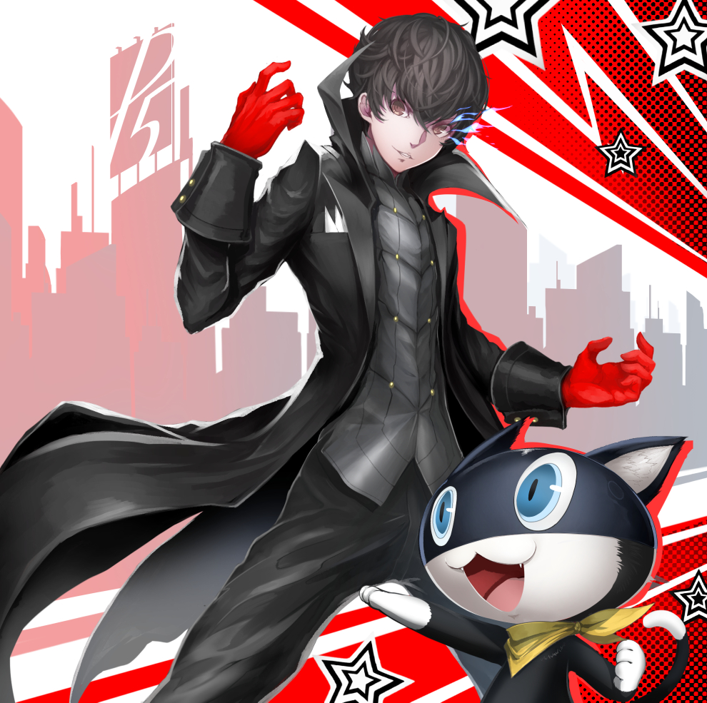 1boy :3 :d black_hair brown_eyes cat coat fang gloves kurusu_akira male_focus morgana_(persona_5) omoti_(1201208) open_clothes open_coat open_mouth pants parted_lips persona persona_5 red_gloves smile solo standing star vest
