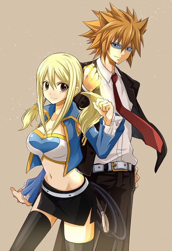 1boy 1girl belt black_eyes black_jacket black_legwear black_pants black_skirt blonde_hair breasts brown_hair cleavage collarbone cowboy_shot crop_top dress_shirt fairy_tail glasses grey_background hair_between_eyes hair_ornament hand_on_hip jacket jewelry large_breasts loke_(fairy_tail) long_hair looking_at_viewer lucy_heartfilia midriff miniskirt navel necktie open_clothes open_jacket pants pleated_skirt red_necktie ring shirt simple_background skirt smile spiky_hair standing stomach thigh-highs whip white_shirt zettai_ryouiki