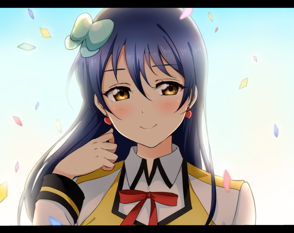 1girl blue_hair blush closed_mouth confetti earrings eyebrows_visible_through_hair heart heart_earrings jewelry letterboxed long_hair long_sleeves looking_at_viewer love_live! love_live!_school_idol_project smile solo sonoda_umi sunny_day_song upper_body yellow_eyes yumari_nakura