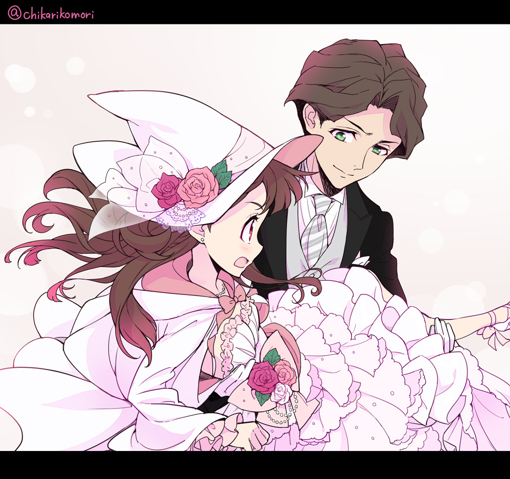 1boy 1girl andrew_hanbridge artist_name blazer brown_hair carrying chikariya collared_shirt dress earrings flower frilled_dress frilled_sleeves frills green_eyes hat jacket jewelry kagari_atsuko little_witch_academia long_hair long_sleeves looking_at_another necklace necktie open_mouth princess_carry red_eyes rose shirt smile tuxedo wedding_dress witch_hat