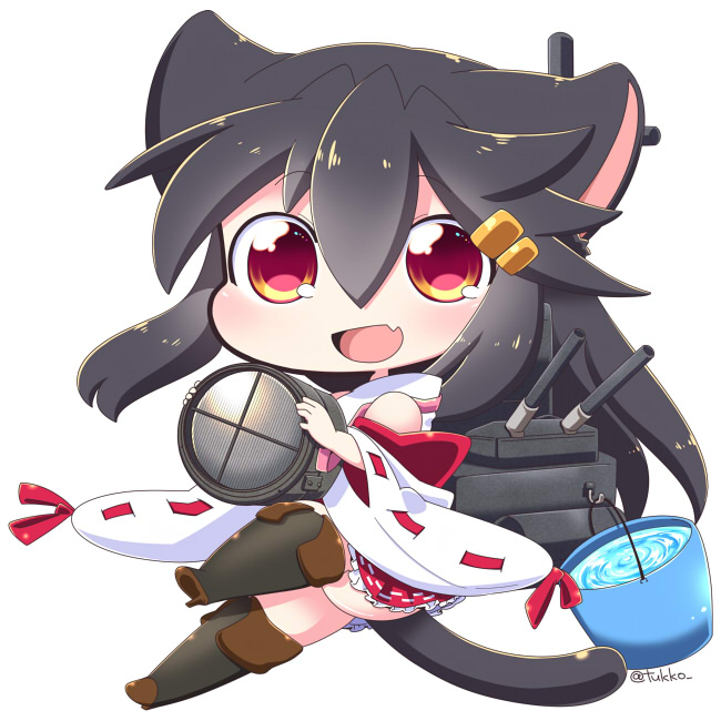 1girl :d animal_ears black_hair boots bucket bucket_of_water cannon cat_ears cat_tail chibi commentary_request detached_sleeves fang flashlight hair_ornament hairclip haruna_(kantai_collection) kantai_collection kemonomimi_mode knee_boots long_hair looking_at_viewer machinery nontraditional_miko open_mouth red_eyes revision ribbon searchlight simple_background smile solo tail tsukko_(3ki2ne10) turret twitter_username white_background