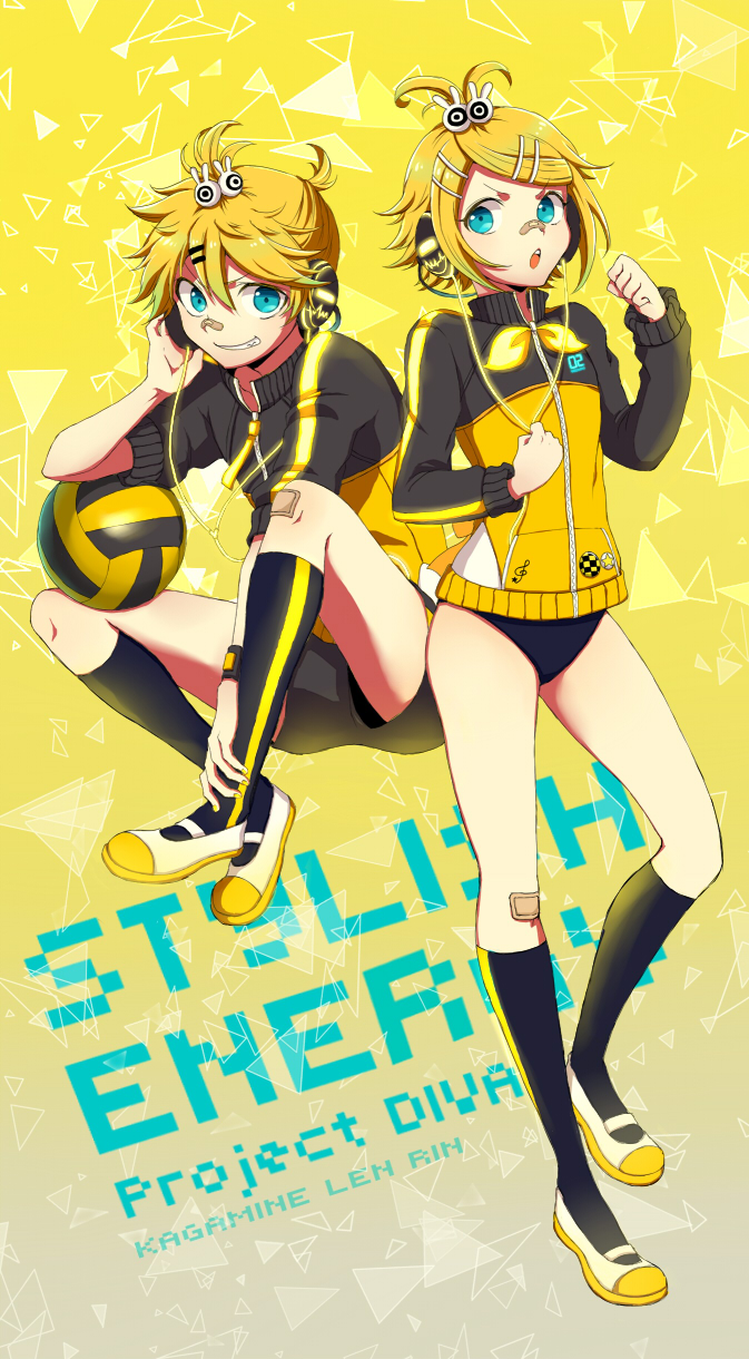 1boy 1girl ball black_buruma black_legwear black_shorts blonde_hair blue_eyes brother_and_sister character_name copyright_name full_body grin hair_ornament hairclip headphones highres kagamine_len kagamine_rin kneehighs looking_at_viewer open_mouth project_diva_(series) ribbon short_hair short_shorts shorts siblings sitting smile standing sweater vocaloid yamano yellow_ribbon