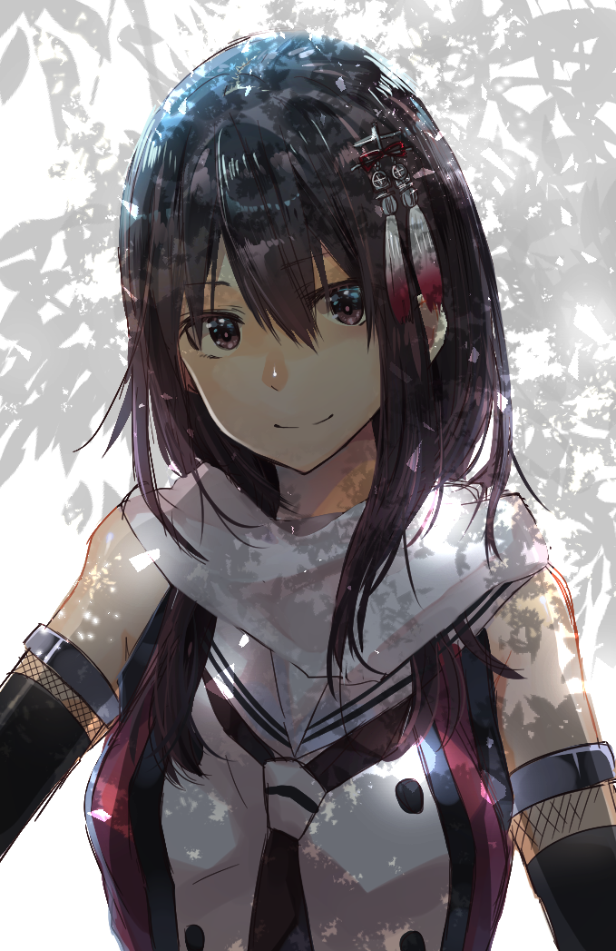 1girl black_eyes black_hair black_neckerchief breasts buttons closed_mouth elbow_gloves eyebrows_visible_through_hair gloves hair_between_eyes hair_down hair_ornament kantai_collection long_hair looking_at_viewer neckerchief remodel_(kantai_collection) rinto_(rint_rnt) scarf school_uniform sendai_(kantai_collection) shaded_face sleeveless solo upper_body white_scarf
