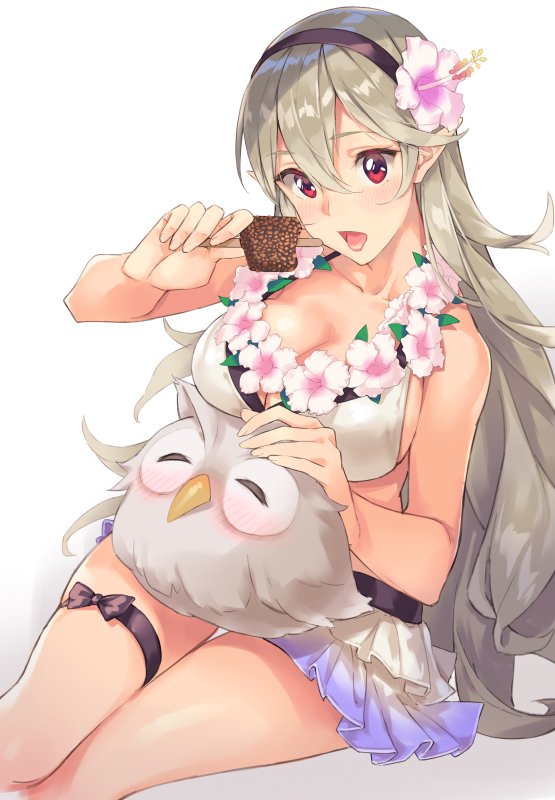 1girl bare_shoulders bikini bird blush breasts cleavage feh_(fire_emblem_heroes) fire_emblem fire_emblem_heroes flower food grey_hair hair_flower hair_ornament hairband long_hair looking_at_viewer my_unit_(fire_emblem_if) open_mouth owl popsicle red_eyes skirt swimsuit thigh_strap white_background yomo_(majidon)