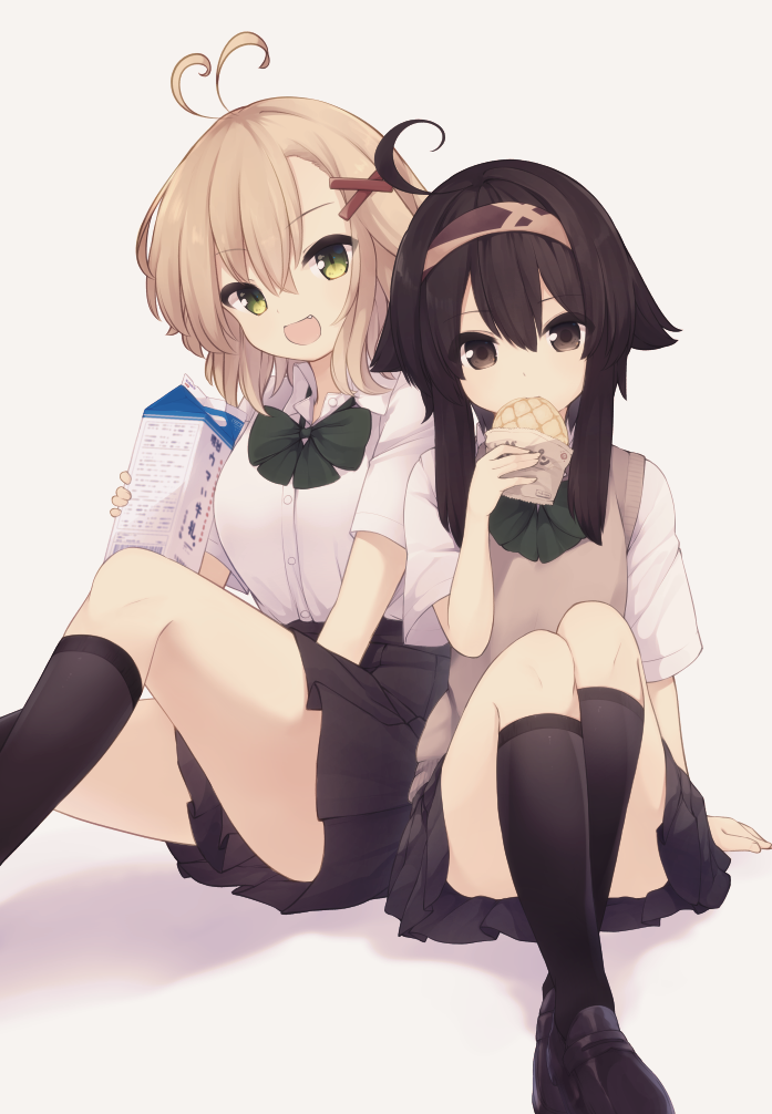 2girls ahoge black_hair black_legwear black_shoes black_skirt bread brown_eyes brown_hair collared_shirt food green_eyes hair_ornament hairband holding holding_food kneehighs loafers looking_at_viewer melon_bread milk_carton multiple_girls natsuki_teru nekomiya_ryuu open_mouth original pleated_skirt school_uniform shikibe_ayaka shirt shoes short_hair_with_long_locks short_sleeves sidelocks sitting skirt smile thighs white_shirt x_hair_ornament